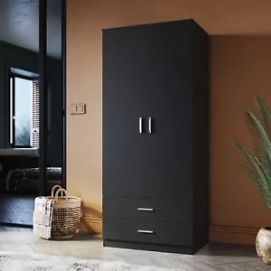Wooden Wardrobe 2 Door 2 Drawer | 180cm Black | High-Quality Cupboard - Picture 1 of 15