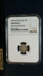 1889 NETHERLANDS TEN CENTS NGC AU Details 10C Coin PRICED TO SELL NOW! - Picture 1 of 4