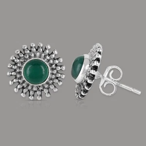 925 Sterling Silver Handmade Silver Earrings Natural Green Onyx Stone Earrings - Picture 1 of 4