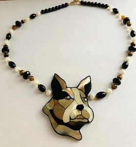 Vintage LEE SANDS French Bulldog Dog Inlaid Shell Gemstone Necklace - Picture 1 of 9