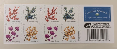 USPS Winter Berries First-Class Forever Stamps Booklet of 20 Unused FV $13.20 Cover