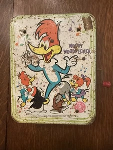 Vintage 1963 Tin Litho Woody Woodpecker Music Box W/ Crank Handle - Plays! - Picture 1 of 18
