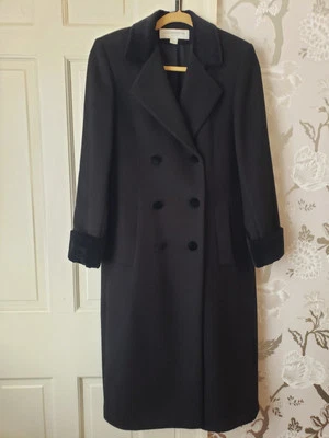 Liz Claiborne Petite Black Wool Double Breasted Long Coat 6P Velvet Trim - Image 1 of 4