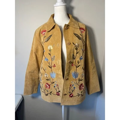 Chaqueta De Colección Floral Bordada Gamuza Cuero Tostado Pequeña Boho Años 70 Y2K  Foto 1 de 4