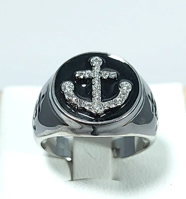 ANELLO ARGENTO 925 DONNA BIANCO ANCORA DA MIGOLO SMALTO NERO E ZIRCONI BRILLANTI - Immagine 1 di 4