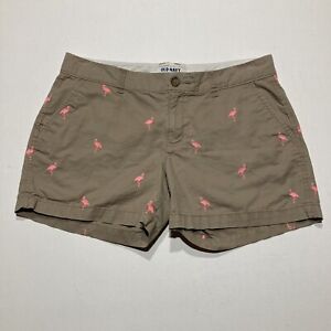 Women’s Old Navy Tan Embroidered Pink Flamingo Chino Mid Rise Shorts Size 8