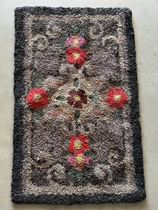Antique Folk Art Hook Rug Primitive - Black with Flowers - Picture 1 of 9