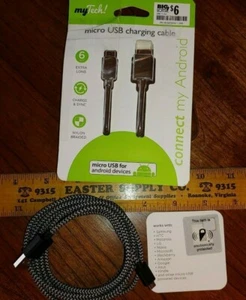 Open Box MyTech Micro USB 6ft Charging Cable Braided Cord Grey/Black Sync - Picture 1 of 5