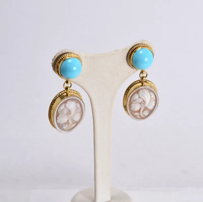 ORECCHINI  ARGENTO 925 DORATO CAMMEI SARDONICO P.TURCHESE  E CALLE     AGHT 0874 - Immagine 1 di 3
