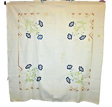 Vintage 50s Tablecloth Embroidered Flowers Cross-stitch Crochet Edge 34"X 36"