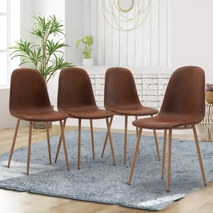 Mid Century Modern 4PC PU Dining Chairs with Metal Leg Dining Room Kitchen Brown - Picture 1 of 18