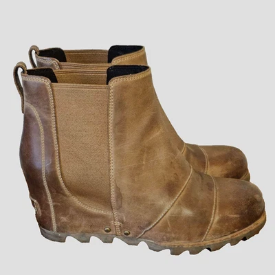 Botín Sorel Lea para mujer talla 7,5 cuero nobuck tostado tacón de cuña elástico Gores Foto 1 de 4