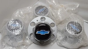 CHEVY TRUCK 6 LUG 15x8 RALLY WHEEL CENTER HUB CAP SET OF 4 BLUE BOW TIE NEW - Picture 1 of 7