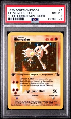 Pokemon 1st Edition Fossil Hitmonlee CIGAR STAIN ERROR Holo 7/62 PSA 8 NM-MT - Image 1 of 3