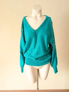 Vintage Rockabilly Angora Sweater M Jewels Beads Embellished Fuzzy 70s Green - Picture 1 of 15