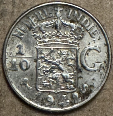 Netherlands - East Indies - 1942 - 1/10 Gulden - 72% Silver Coin - Wilhelmina I - Image 1 of 3