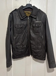 Mens Superdry Cafe Racer Style Brown Leather Biker Jacket Coat Size XL - Imagen 1 de 14