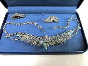 Vintage Set Halskette & Ohrringe irisierend Strass türkis silberfarben hinten - Bild 1 von 16