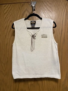 Vintage Women’s Harley Davidson Vneck Leather Tie Sweater Tank Ivory - SIZE L - Picture 1 of 8