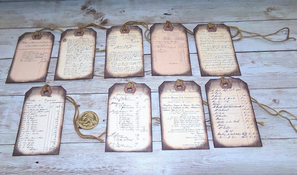 9~Vintage~Ephemera~French Ledger~Junk Journal~Linen Cardstock~Gift~Hang~Tags - Image 1 of 1