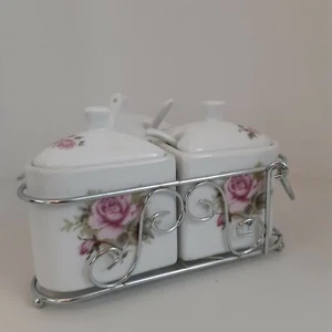 Servizio condimenti e caddy in porcellana vintage, rosa, casetta, elegante - Foto 1 di 6
