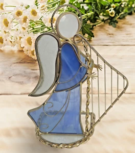 VTG Home study with vintage blue stained glass, angel playing the harp "Melody" - Picture 1 of 9
