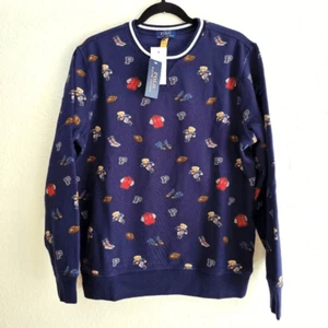 Polo Ralph Lauren Bear Sweatshirt Girls Large L Navy Blue Multi Logo AOP Cotton - Picture 1 of 15