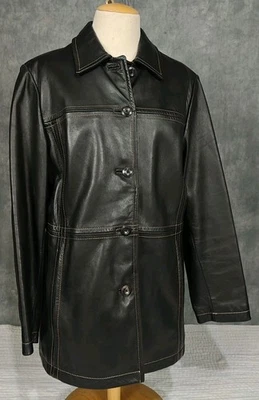 Abrigo Chaqueta Largo Negro Cuero Anne Klein De Colección Piel de Cordero Y2K Botón Grande Foto 1 de 4