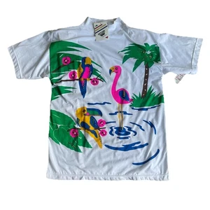 Deadstock 80’s Tropical T-Shirt Small Shoulder Pads Flamingo Palm Tree - Picture 1 of 7