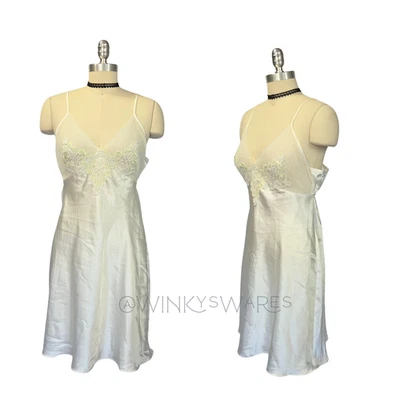 Vintage Y2K White Slip Size S M Delicates White Satin Embroidered Midi Romantic - Image 1 of 4