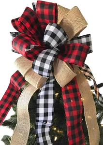 Christmas Tree Topper Large Buffalo Plaid Burlap Red and Black Gift Bow for Xmas - Picture 1 of 7