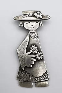 Gusterman Sterling Georgetown,CO 925 Silver Girl With Hat and Flowers Pendant - Picture 1 of 5