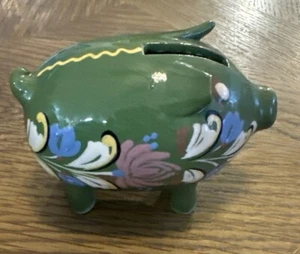 Vintage Green Glazed Ceramic Piggy Bank Hand Painted Floral 1970’s Cool Design - Picture 1 of 7