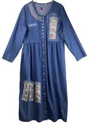 Vintage Sun Belt Denim Maxi Dress Womens Size XL Blue Apples Grandma Cottagecore - Image 1 of 4