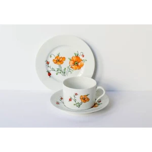 Juego de café/té trío vintage LIMOGES DUMAS MCM patrón de cachorro naranja raro francés - Imagen 1 de 4