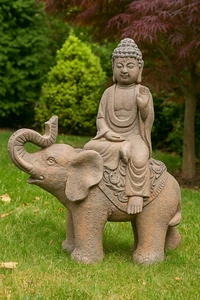 Grande statua di Buddha su elefante 46 cm - scultura tailandese giardino decorazione resistente alle intemperie - Foto 1 di 1
