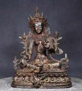 Statua Buddha 12,5" antico buddismo tibetano bronzo verde Tara Guanyin Dea - Foto 1 di 9
