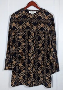 Vintage Black Gold 100% Silk Blouse Top Size 10 Jones New York Tunic Geometric - Picture 1 of 4