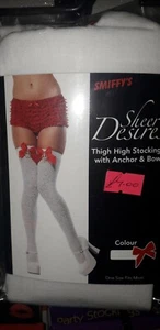 Adult Ladies Thigh High Sailor Stockings Gold Anchor with Red Bows Fancy Dress - Picture 1 of 1