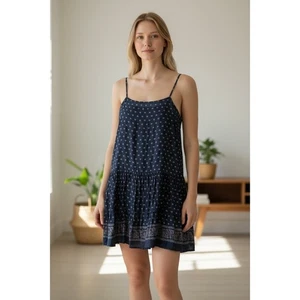 J. Mini Vestido Crew Bohemio Estampado Azul Marino En Niveles Talla S Nuevo con Etiquetas - Imagen 1 de 10