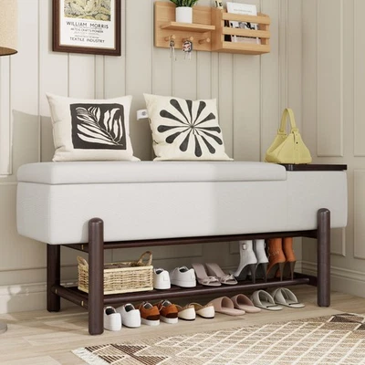 Farmhouse Upholstered Storage Bench Hidden Compartment Modern Entryway Bench - Image 1 of 4