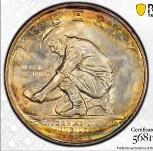 1925-S California Half Dollar Uncirculated PCGS Toned! - Great Rainbow Color! - Picture 1 of 6