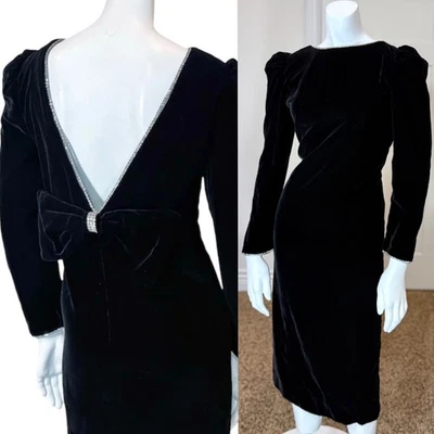 VESTIDO DE TERCIOPELO VINTAGE AÑOS 80 M Negro Lazo Ropa de Noche Glam Hollywood Foto 1 de 4