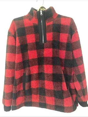 Pullover para mujer Maurice’s rojo negro búfalo a cuadros pelo alto polar 1/4 cremallera Foto 1 de 4