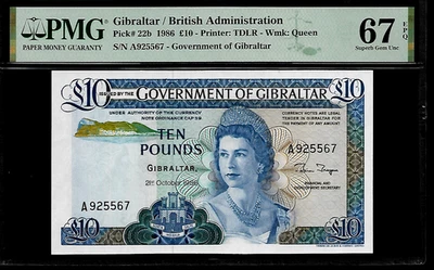 Gibraltar 10 Pounds 1986 PMG 67 EPQ UNC Pick # 22b Queen Elizabeth II, Series A - Image 1 of 4