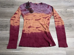 Vintage Y2K Womens Ribbed Long Sleeve Top Marabou Floral Embroidered Tie Dye M - Picture 1 of 8