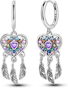 Colorful Dream Catcher Heart Dangle Drop Earrings for Women 925 Sterling Silver - Picture 1 of 5