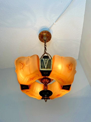 1930s Solid Bronze Art Deco 4 Light Slip Shade Hanging Fixture Cover