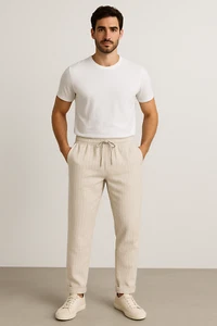 Cotton On Mens Linen Pants New M Beige Thin Stripe Drawstring 100% Linen - Picture 1 of 3