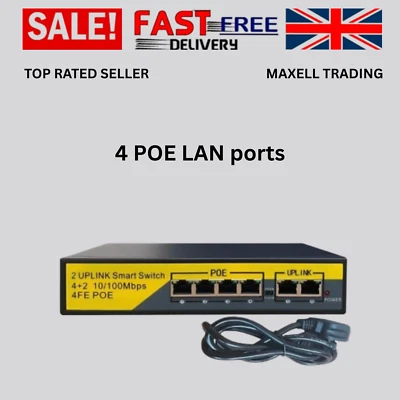 4CH POE switch with 2 Uplink ports 4 Port Power Over Ethernet LAN Network HUB UK - Image 1 of 4